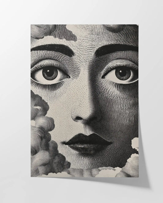 Black and white fine art print featuring an intricate surreal face surrounded by clouds, with detailed line work and shading. Printed on textured Hahnemühle German Etching paper for a luxurious, high-quality finish.