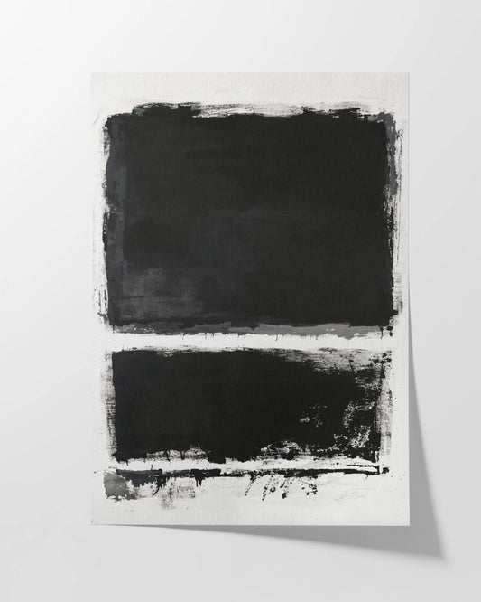 Minimalist abstract fine art print featuring bold black brushstrokes on a white background, printed on textured Hahnemühle German Etching paper for a high-quality, modern finish.