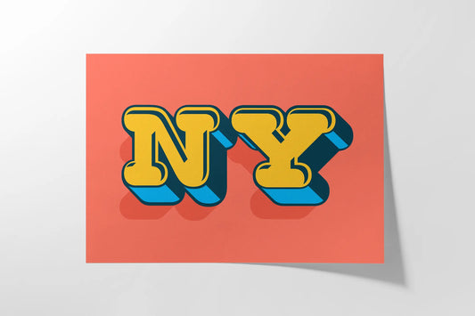 NY fine art print featuring bold yellow and blue typography on a coral background, evoking the vibrant energy and iconic spirit of New York City. Displayed on museum-quality paper with a luxurious matte texture