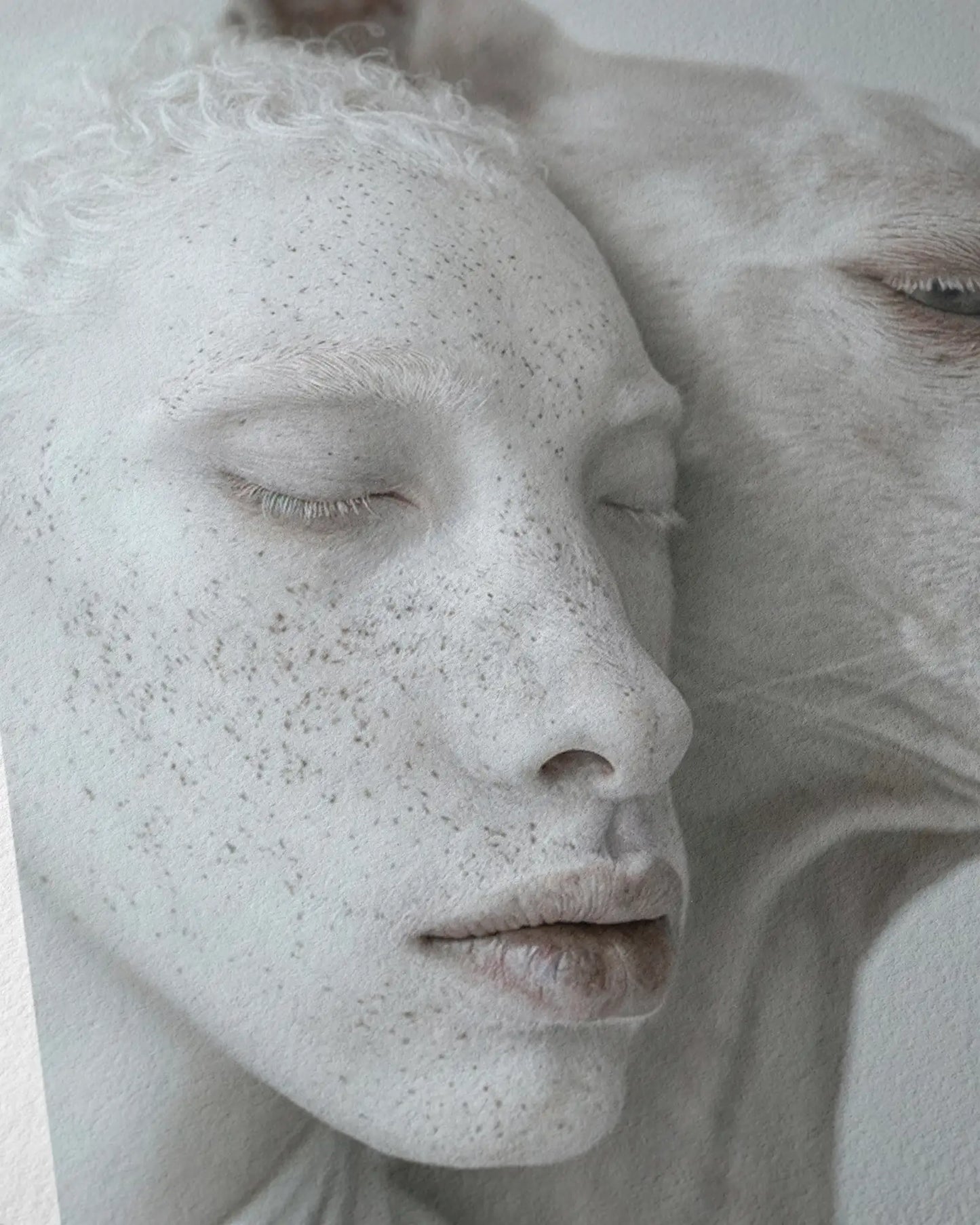 Fine art print featuring an ethereal portrait of an albino human and an albino animal in soft pale tones, printed on Hahnemühle Photo Rag paper for a high-quality matte finish, celebrating unique beauty and connection.