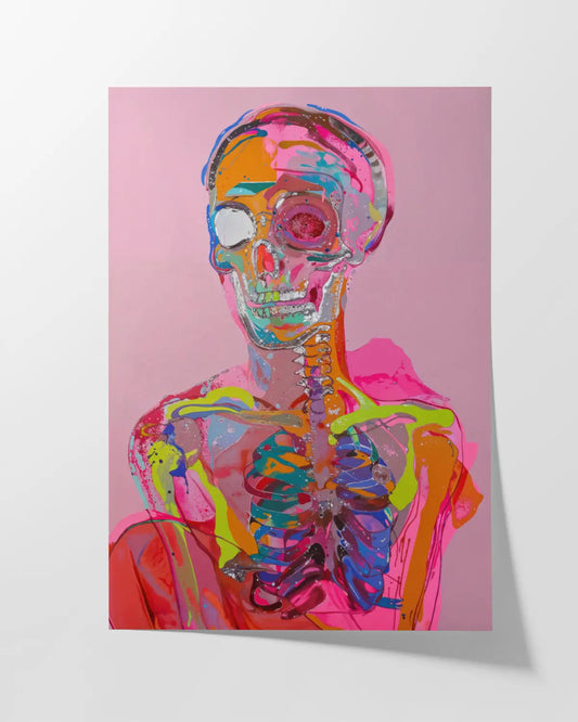 Vibrant fine art print featuring a colorful, abstract human skeleton on a pink background, blending vivid hues of orange, blue, green, and red to create a bold and modern representation of anatomy.