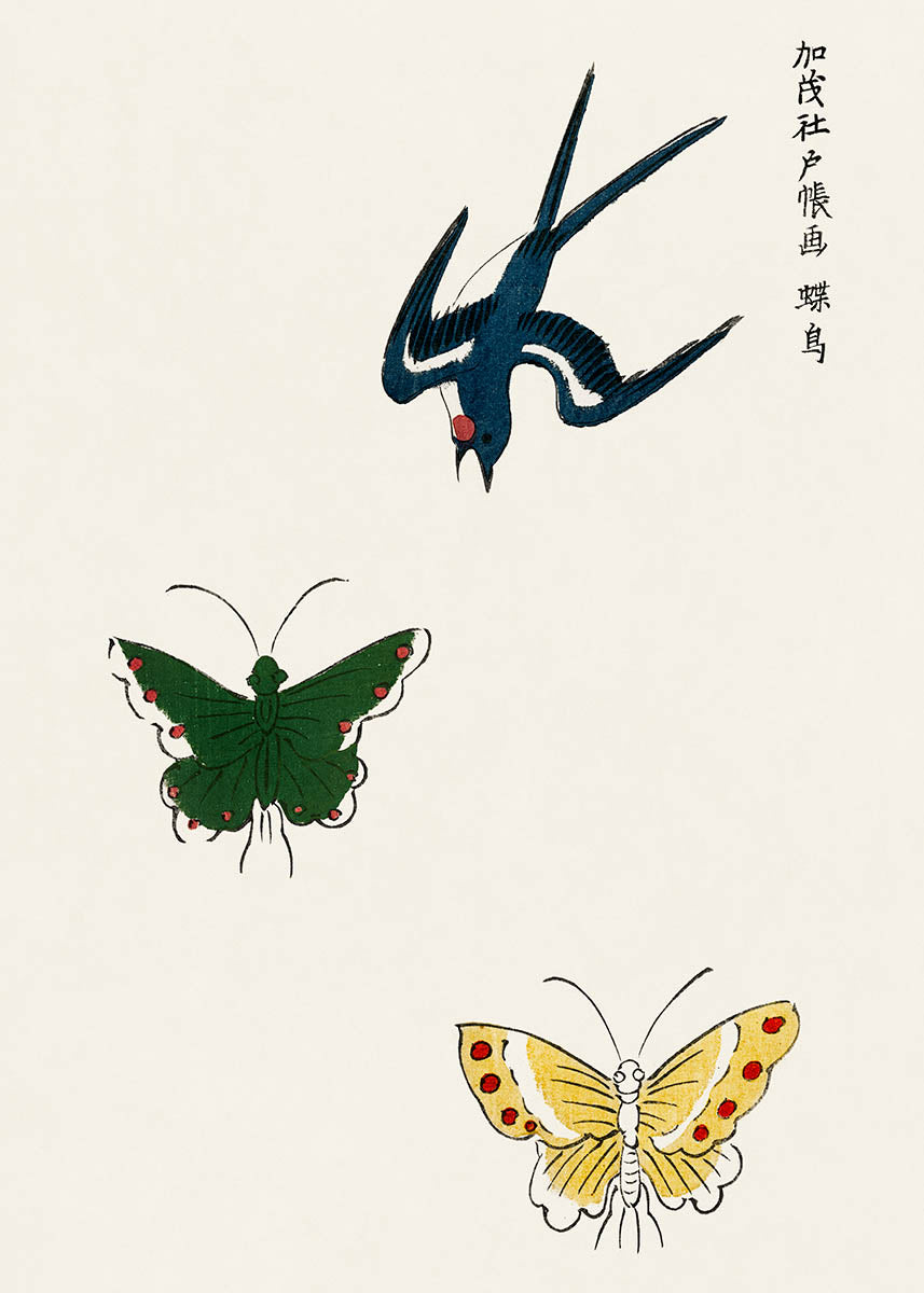 Japanese Vintage Original Woodblock Print Of Swallow And Butterflies by Taguchi Tomoki