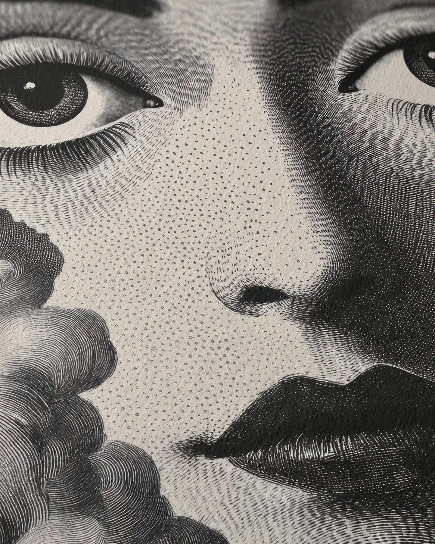 Black and white fine art print featuring an intricate surreal face surrounded by clouds, with detailed line work and shading. Printed on textured Hahnemühle German Etching paper for a luxurious, high-quality finish.