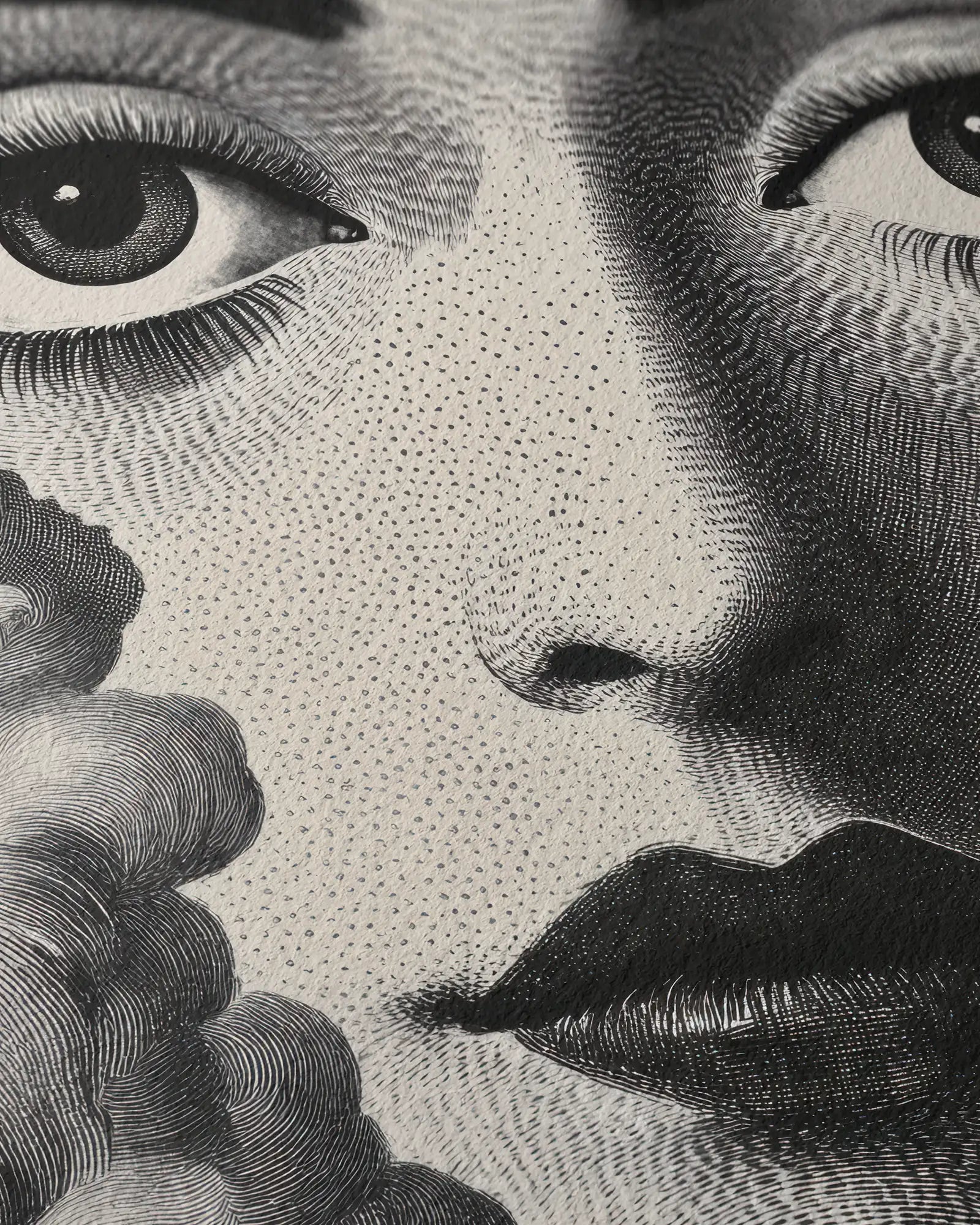 Black and white fine art print featuring an intricate surreal face surrounded by clouds, with detailed line work and shading. Printed on textured Hahnemühle German Etching paper for a luxurious, high-quality finish.