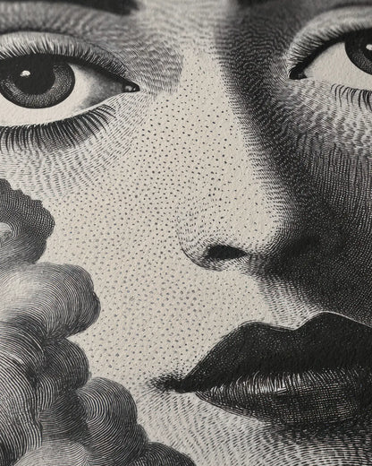 Black and white fine art print featuring an intricate surreal face surrounded by clouds, with detailed line work and shading. Printed on textured Hahnemühle German Etching paper for a luxurious, high-quality finish.