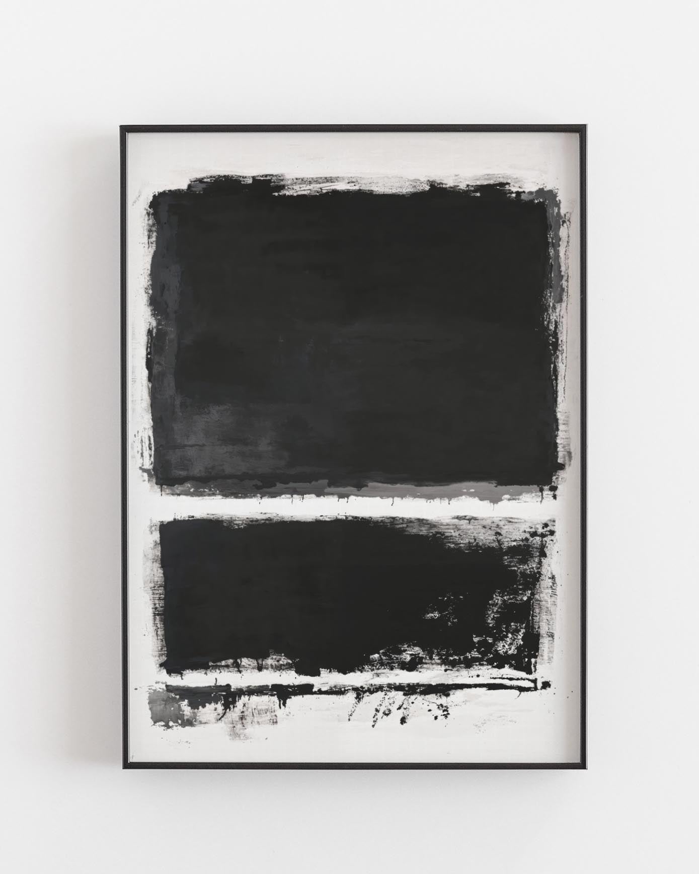 Minimalist abstract fine art print featuring bold black brushstrokes on a white background, printed on textured Hahnemühle German Etching paper for a high-quality, modern finish.